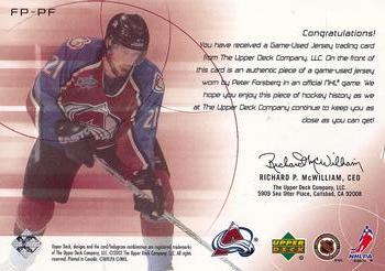 2001-02 Upper Deck Challenge for the Cup - Jerseys #FP-PF Peter Forsberg Back