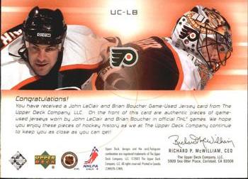 2001-02 Upper Deck Challenge for the Cup - Jerseys #UC-LB John LeClair / Brian Boucher Back