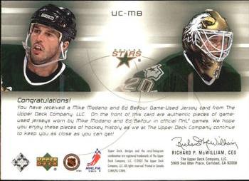 2001-02 Upper Deck Challenge for the Cup - Jerseys #UC-MB Mike Modano / Ed Belfour Back