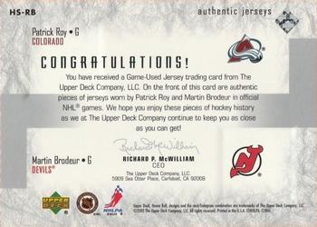 2001-02 Upper Deck Honor Roll - Honor Society #HS-RB Patrick Roy / Martin Brodeur Back