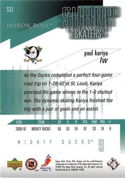 2001-02 Upper Deck Honor Roll - Sharp Skaters #SS1 Paul Kariya Back