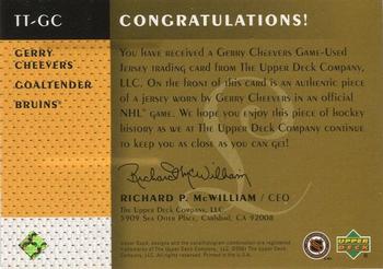 2001-02 Upper Deck Legends - Timeless Tributes #TT-GC Gerry Cheevers Back