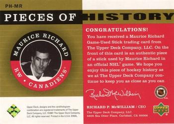 2001-02 Upper Deck Legends - Pieces of History #PH-MR Maurice Richard Back