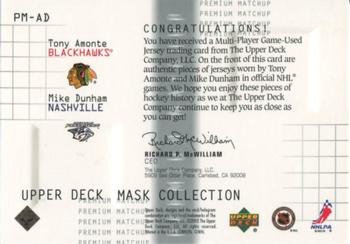 2001-02 Upper Deck Mask Collection - Dual Jerseys #PM-AD Tony Amonte / Mike Dunham Back