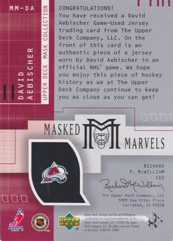 2001-02 Upper Deck Mask Collection - Goalie Jerseys #MM-DA David Aebischer Back