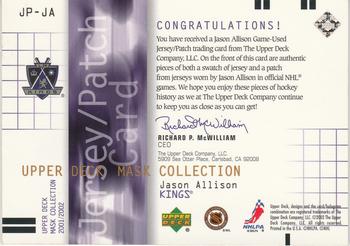 2001-02 Upper Deck Mask Collection - Jersey and Patch #JP-JA Jason Allison Back