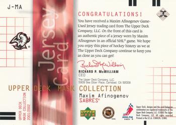 2001-02 Upper Deck Mask Collection - Jerseys #J-MA Maxim Afinogenov Back