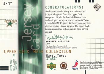 2001-02 Upper Deck Mask Collection - Jerseys #J-MT Marty Turco Back