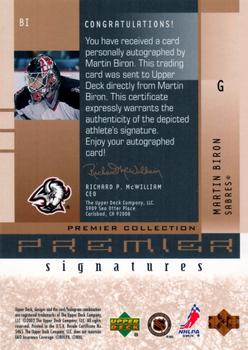 2001-02 Upper Deck Premier Collection - Signatures #BI Martin Biron Back