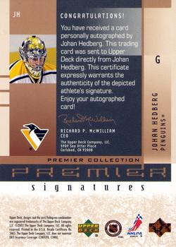 2001-02 Upper Deck Premier Collection - Signatures #JH Johan Hedberg Back