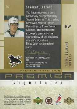 2001-02 Upper Deck Premier Collection - Signatures #TS Teemu Selanne Back