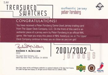 2001-02 Upper Deck Stanley Cup Champs - Treasured Swatches #T-PF Peter Forsberg Back