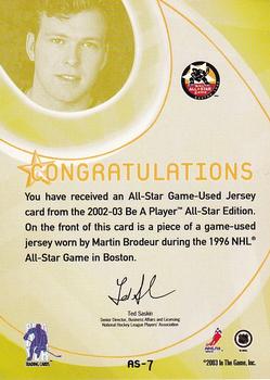 2002-03 Be a Player All-Star Edition - Jerseys #AS-7 Martin Brodeur Back