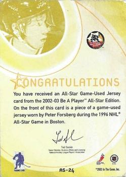 2002-03 Be a Player All-Star Edition - Jerseys #AS-24 Peter Forsberg Back
