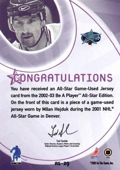 2002-03 Be a Player All-Star Edition - Jerseys Silver #AS-29 Milan Hejduk Back