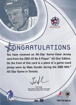 2002-03 Be a Player All-Star Edition - Jerseys Silver #AS-88 Mats Sundin Back