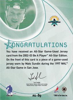 2002-03 Be a Player All-Star Edition - Jerseys Silver #AS-89 Mats Sundin Back