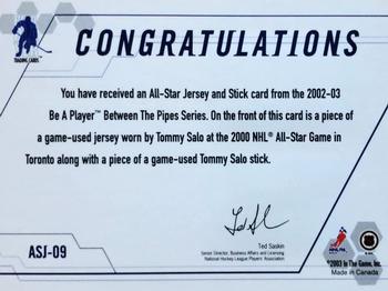 2002-03 Be a Player Between the Pipes - All-Star Stick and Jersey #ASJ-9 Tommy Salo Back