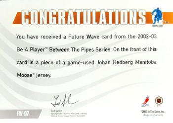 2002-03 Be a Player Between the Pipes - Future Wave #7 Johan Hedberg Back