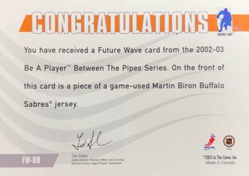 2002-03 Be a Player Between the Pipes - Future Wave #9 Martin Biron Back