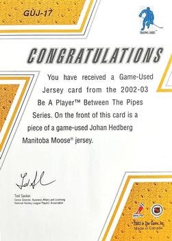 2002-03 Be a Player Between the Pipes - Game-Used Jerseys #GUJ-17 Johan Hedberg Back