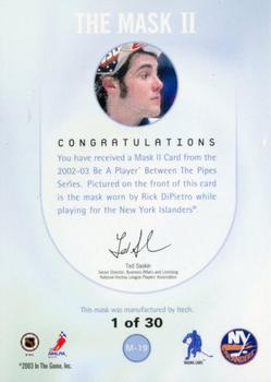2002-03 Be a Player Between the Pipes - Masks II Gold #M-19 Rick DiPietro Back