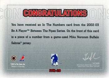 2002-03 Be a Player Between the Pipes - In The Numbers #ITN-20 Mika Noronen Back