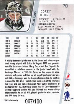 2002-03 Be a Player Between the Pipes - Silver #70 Corey Hirsch Back