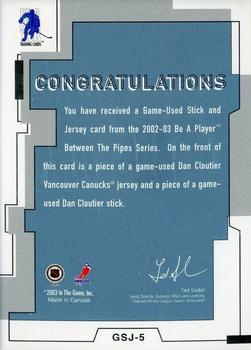 2002-03 Be a Player Between the Pipes - Game-Used Stick and Jersey #GSJ-5 Dan Cloutier Back