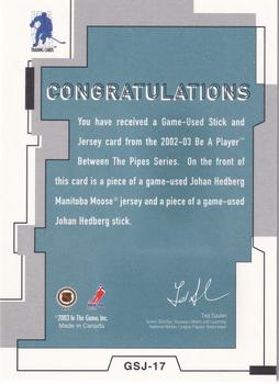 2002-03 Be a Player Between the Pipes - Game-Used Stick and Jersey #GSJ-17 Johan Hedberg Back