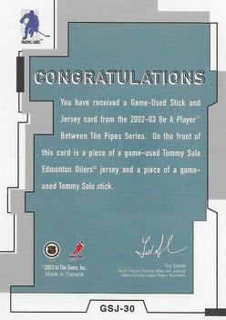 2002-03 Be a Player Between the Pipes - Game-Used Stick and Jersey #GSJ-30 Tommy Salo Back