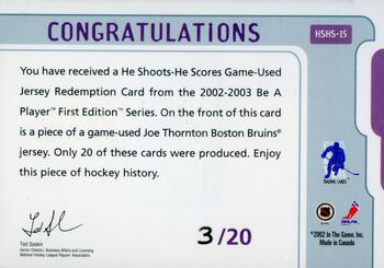 2002-03 Be a Player First Edition - He Shoots-He Scores Prizes #HSHS-15 Joe Thornton Back