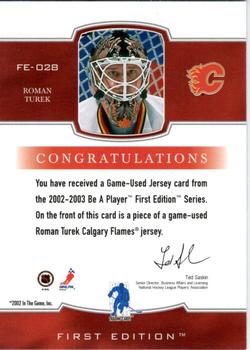 2002-03 Be a Player First Edition - Game-Used Jerseys #FE-028 Roman Turek Back