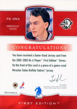 2002-03 Be a Player First Edition - Game-Used Jerseys #FE-053 Miroslav Satan Back