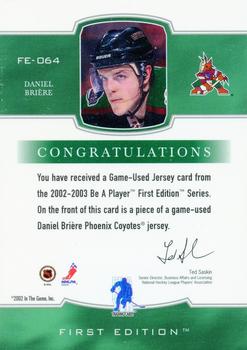 2002-03 Be a Player First Edition - Game-Used Jerseys #FE-064 Daniel Briere Back