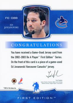 2002-03 Be a Player First Edition - Game-Used Jerseys #FE-088 Ed Jovanovski Back