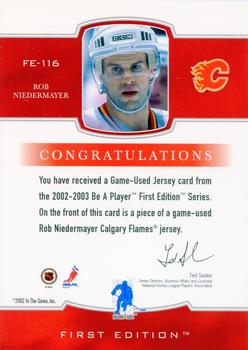 2002-03 Be a Player First Edition - Game-Used Jerseys #FE-116 Rob Niedermayer Back