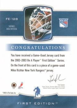 2002-03 Be a Player First Edition - Game-Used Jerseys #FE-128 Mike Richter Back