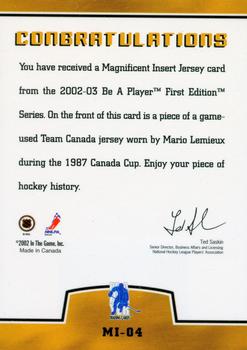 2002-03 Be a Player First Edition - Magnificent Insert Jersey #MI-04 Mario Lemieux Back