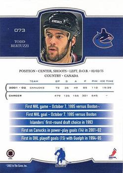 2002-03 Be a Player First Edition - Vancouver The Big One #073 Todd Bertuzzi Back