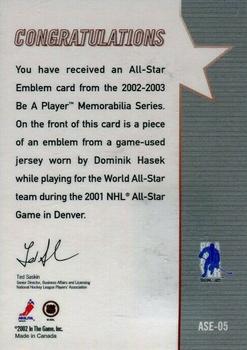 2002-03 Be a Player Memorabilia - All-Star Emblems #ASE-05 Dominik Hasek Back