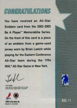 2002-03 Be a Player Memorabilia - All-Star Emblems #ASE-11 Brian Leetch Back