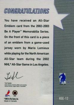 2002-03 Be a Player Memorabilia - All-Star Emblems #ASE-12 Mario Lemieux Back