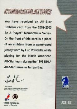 2002-03 Be a Player Memorabilia - All-Star Emblems #ASE-18 Luc Robitaille Back
