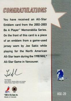 2002-03 Be a Player Memorabilia - All-Star Emblems #ASE-20 Joe Sakic Back
