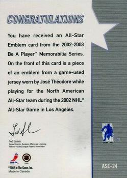 2002-03 Be a Player Memorabilia - All-Star Emblems #ASE-24 Jose Theodore Back
