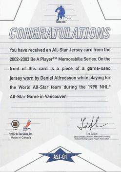 2002-03 Be a Player Memorabilia - All-Star Jerseys #ASJ-01 Daniel Alfredsson Back