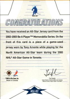 2002-03 Be a Player Memorabilia - All-Star Jerseys #ASJ-02 Tony Amonte Back