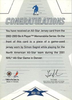 2002-03 Be a Player Memorabilia - All-Star Jerseys #ASJ-15 Simon Gagne Back