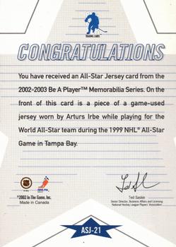 2002-03 Be a Player Memorabilia - All-Star Jerseys #ASJ-21 Arturs Irbe Back